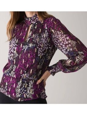 WHBM Purple Floral Metallic Keyhole Blouse Long Sleeve Size 14 Holiday Top